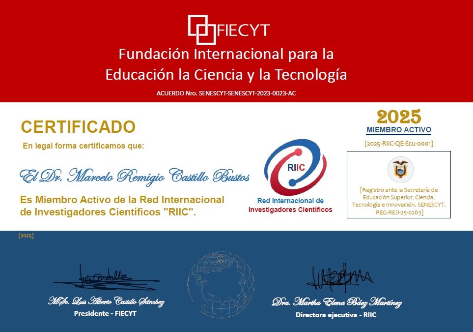 Certificado: Miembros Activo de la RIIC – FIECYT
