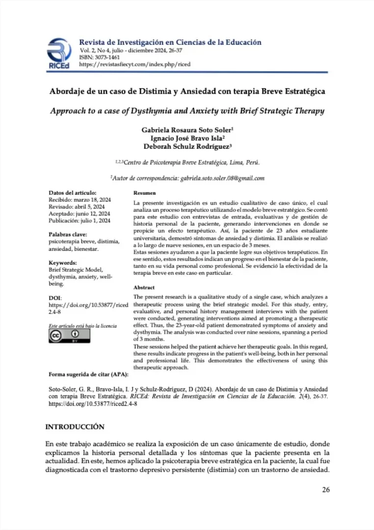 Abordaje de un caso de Distimia y Ansiedad con terapia Breve Estratégica