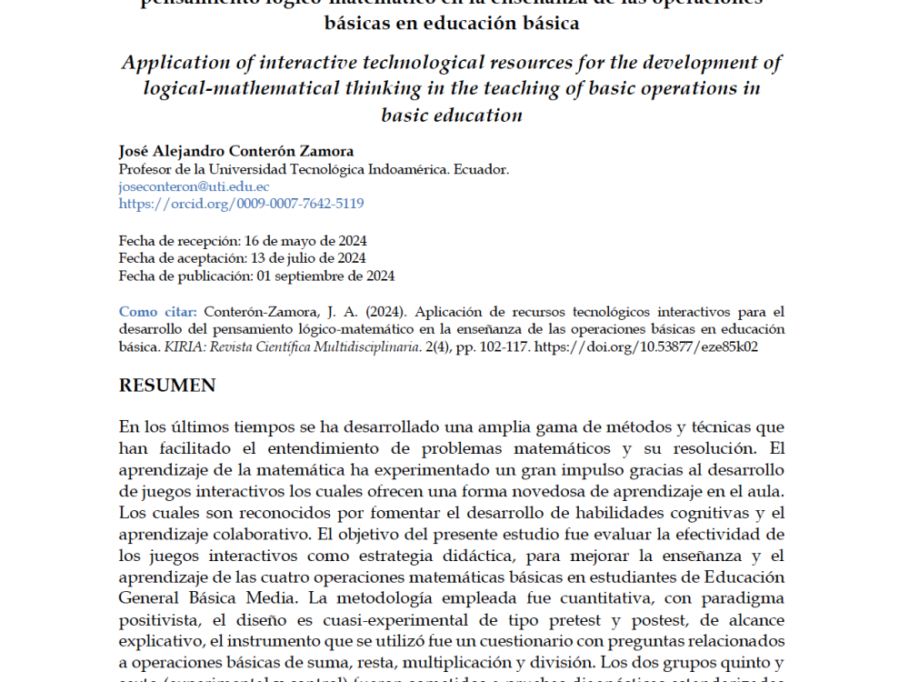 Aplicación de recursos tecnológicos interactivos para el desarrollo del pensamiento lógico-matemático en la enseñanza de las operaciones básicas en educación básica